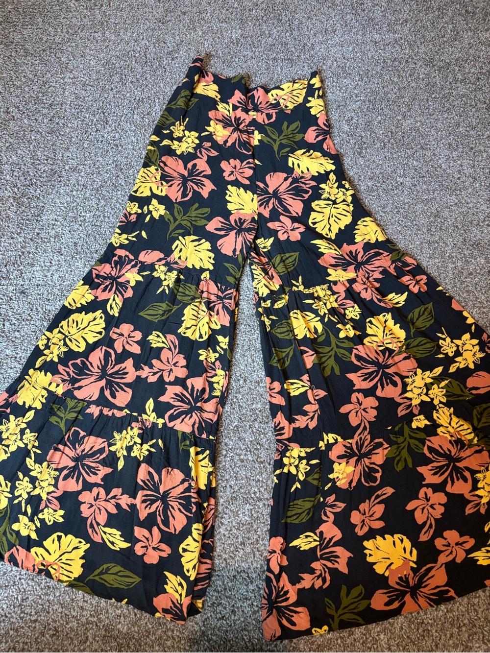 Free People Women Large Floral Print Tiered Wide Leg Pants Vacation Tropical - Picture 6 of 12